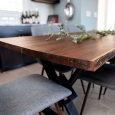 Live Edge Walnut Dining Table - Brick Mill Furniture Live Edge Kitchen Table, Walnut Kitchen Table, Live Edge Walnut Dining Table, Rustic Dining Room Table, Walnut Kitchen, Farmhouse Kitchen Tables, Rustic Dining Room, Wooden Dining Chairs, Walnut Dining Table