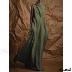 Olivia Mark - Sleeveless Ruffled Collar Flowy Floor-Length Dress Linen Dresses Elegant, Basic Turtleneck, Modest Dressing, Sukienki Plus Size, Fashion Modest, Dress Sleeve Styles, Flowy Maxi Dress, Long Dress Casual, Pinafore Dress