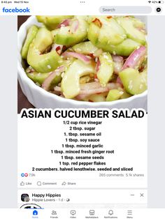 Asian Cucumber Salad, Cucumber Recipes, Best Cake Recipes, Summer Bbq, Cucumber Salad, Fresh Salads, Vegetable Salad, Dressing Recipe, Rice Vinegar