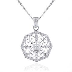 Diamond 18K White Gold Snow Flake Necklace - Beverley K Collection  at Yates & Co. Jewelers in Modesto. #snowflake #jewelry #modestoca #diamondnecklace #vintagestylejewelry Luxury Octagon Diamond Necklace, Luxury Diamond Necklace With Octagon Diamond Accents, Elegant Diamond White Octagon Necklace, Luxury Filigree Diamond Necklace For Formal Occasions, Luxury Octagon Diamond Necklace With Diamond Accents, Luxury Octagon Diamond Necklace With Accents, Elegant Octagon Diamond Necklace, Elegant Asscher Cut Cubic Zirconia Diamond Necklace, Elegant Cubic Zirconia Asscher Cut Necklace