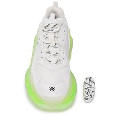 Balenciaga's white Triple S trainers are an avant-garde reworking of one of the label's cult styles. They're crafted from mesh and leather panels with an embroidered logo at the side, then set on a chunky fluorescent rubber sole.White/neon yellow Logo print to the sideRound toeFront lace-up fasteningPull-tab at the heel Chunky rubber soleComposition: Leather, mesh and leather panelsSole: Rubber 100%Lining: Fabric 100% Designer Custom White Sneakers With Translucent Outsole, White Custom Sneakers With Translucent Outsole In Mesh, Custom White Mesh Sneakers With Translucent Outsole, Designer White Mesh Sneakers, White Designer Mesh Sneakers, White Balenciaga, The Bronx New York, Prada Tote Bag, Drawstring Bucket Bag