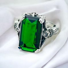 Vintage Vivid Green Simulated Emerald With Cz Accent Stones In 925 Solid Sterling Silver Ring. Stamped 925. Excellent Condition, Satisfaction Guaranteed! Classic Silver Emerald Ring With Accent Stones, Classic Silver Rings For Party, Formal Cubic Zirconia Crystal Ring For May Birthstone, Classic Silver Party Rings, Formal White Gold Emerald Crystal Ring, Elegant Party Rings With Birthstone, Elegant Birthstone Rings For Party, Exquisite Silver Emerald Ring With Accent Stones, Gift Sterling Silver Emerald Ring With Diamond White Color