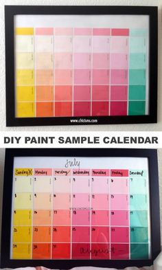 two pictures with different colors on them and the words diy paint sample calendar below