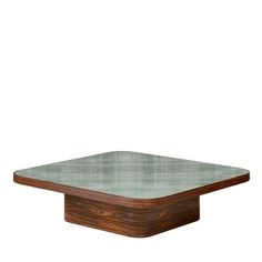 a square wooden table with glass top on a white background, viewed from the side