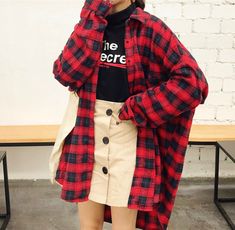 Harajuku Checker Turnover Collar Long Sleeve Shirt Oversized Red Long Sleeve Flannel Shirt, Oversized Red Shirt For Fall, Oversized Red Long Sleeve Shirt, Red Flannel Shirt For Winter, Red Casual Long Sleeve Shirt, Red Oversized Long Sleeve Shirt, Plaid Long Sleeve Shirt For School, Oversized Red Button-up Tops, Oversized Red Button-up Shirt