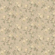 a floral wallpaper with white flowers and green leaves on a beige background that is very soft