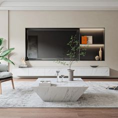 a white marble coffee table in front of a flat screen tv mounted on a wall