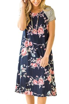 Navy Blue Floral Print A-line Loose T-shirt Dress Flowy Casual Cotton Floral Dress, Blue Casual T-shirt Dress For Spring, Casual Blue T-shirt Dress For Spring, Spring Casual Midi Length T-shirt Dress, Casual Midi Length T-shirt Dress For Spring, Casual Multicolor Floral Dress With Short Sleeves, Casual Cotton Floral Knee-length Dress, Casual Cotton Knee-length Floral Dress, Casual Knee-length Cotton Floral Dress