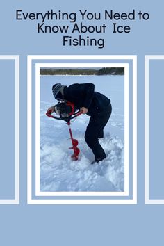 a man standing in the snow next to an ice fishing pole