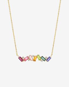 Kalan By Suzanne Kalan Amalfi Burst Rainbow Bar Pendant in 14k yellow gold Rainbow Bar, White Diamond Necklace, Necklace Stack, Diamonds Necklace, Peridot Green, Pink Topaz, Bar Pendant, Rainbow Design, Baguette Cut