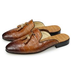 The Auburnyx Crocodile Office Loafers feature a genuine leather upper with a printed pattern, a low heel height of approximately 0.4 to 1.2 inches, and are designed as slides suitable for outdoor use during the summer. They fit true to size, so you can confidently select your normal size. Luxury Brown Leather Shoes With Flat Heel, Elegant Summer Dress Shoes With Brogue Detailing, Leather Slip-ons For Formal Summer Wear, Brown Leather Pointed Toe Dress Shoes, Summer Flat Heel Dress Shoes With Leather Sole, Summer Elegant Dress Shoes With Leather Sole, Elegant Summer Dress Shoes With Leather Sole, Elegant Leather-sole Oxfords For Summer, Elegant Oxfords With Leather Sole For Summer