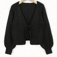 Never Worn Trending On Tik Tok Right Now Cute For Fall! Cheap Black Cardigan, Black V-neck Winter Cardigan, Black 3/4 Sleeve Cardigan For Fall, Black Button-up Cardigan With Button Closure, Black Textured Knit V-neck Cardigan, Woman Back, Classic Cardigan, Tie Front Cardigan, Bishop Sleeve