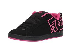 DC Court Graffik W - Women's Skate Shoes : Black/Black/Pink : A modern classic, the DC Court Graffik W casual shoes deliver with a clean silhouette and bold logo detail. Casual sneakers with heavy-duty suede, sturdy action nubuck, or soft and resilient action leather upper for abrasion-resistance and durability. Foam-padded tongue and collar for added comfort and support. Textile lining offers breathability. Internal elastic tongue holders for added foot stability. Rubber cupsole with iconic pil Cute Shoes Men, Sporty Skate Shoes With Logo And Round Toe, Leather Round Toe Skate Shoes With Logo, Casual Skate Shoes With Logo And Round Toe, Leather Skate Shoes With Logo And Round Toe, Lace-up Skate Shoes For Sports With Logo, Black And Pink Shoes, Lace-up Skate Shoes With Logo For Sports, Pink Round Toe Skate Shoes For Streetwear