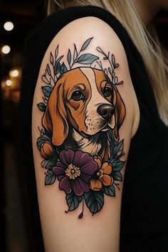 a dog with flowers on its head and leaves around it's neck is shown