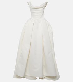 a white dress on a mannequin neckline, with an open back and pleaed skirt