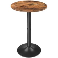 a round wooden table with metal base and an iron base on the top, against a white background