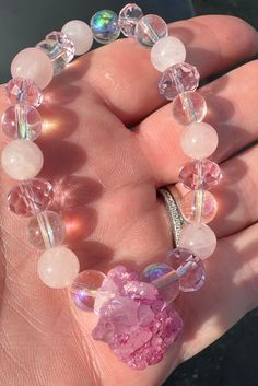 Rose quartz, angel aura and pink geode stretch crystal bracelet. Pink Crystal Bracelet With Natural Rose Quartz, Pink Rose Quartz Crystal Bracelet With Natural Stones, Pink Quartz Jewelry For Healing, Pink Round Beads Crystal Bracelet Spiritual, Pink Round Beads Crystal Bracelet For Spiritual, Pink Spiritual Crystal Bracelet With Round Beads, Pink Rose Quartz Stretch Bracelet With Natural Stones, Pink Rose Quartz Crystal Bracelet Gift, Pink Spiritual Crystal Bracelet With Natural Stones