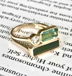 Custom one-of-a-kind  18 k gold base with emerald cut dark blue tourmaline, green tourmaline, and diamond  size 7 Luxury Tourmaline Rings As A Gift, Dark Emerald Engagement Ring, The Bling Ring, Green Tourmaline Ring, Colored Diamond Rings, Tourmaline Jewelry, Blue Tourmaline, Dope Jewelry, Energy Flow