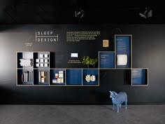 a display in a black room with blue and white items on the wall, including bookshelves