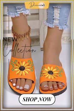 Sunflower Embroidered Print Casual Sandal Slippers Beach Sandals With Floral Print And Closed Toe, Floral Print Round Toe Sandals For Vacation, Casual Floral Print Sandals For Spring, Orange Closed Toe Sandals For Spring, Casual Open Toe Sandals With Floral Print, Beach Sandals With Floral Print And Flat Sole, Casual Floral Print Open Toe Sandals, Orange Flat Sandals For Spring, Casual Orange Sandals For Spring