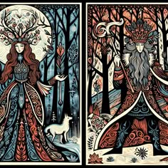 two different colored images of a woman in the woods with deers and trees behind her