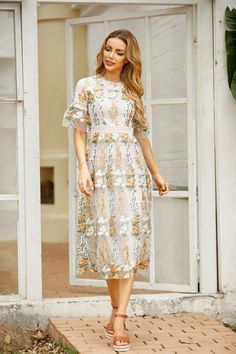 Round Neck Half Sleeves Floral Embroidery Midi Dress - Cherieday Feminine Floral Embroidered Short Sleeve Dress, Feminine Knee-length Floral Embroidered Dress, Spring Embroidered Dress With Floral Applique And Short Sleeves, Spring Embroidered Dress With Floral Applique, Floral Embroidery Short Sleeve Midi Dress For Party, Feminine Midi Length Embroidered Dress With Floral Details, Feminine Midi-length Embroidered Dress With Floral Embroidery, Spring Midi Embroidered Dress With Floral Details, Spring Embellished A-line Midi Dress