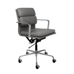 an office chair with wheels on the back and seat upholstered in grey leather