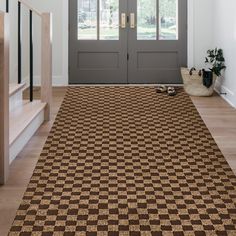 a brown and black checkered rug in front of a door with two glass doors