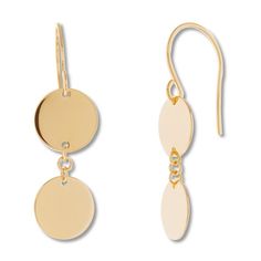 These modern earrings for her feature discs styled in classic 14K yellow gold. The earrings secure with fishhook backs. Modern Gold Round Earrings, Elegant 14k Gold Circular Hoop Earrings, Modern Round Earrings With Polished Finish, Classic Round Linear Earrings, Modern Polished Finish Round Earrings, Modern Yellow Gold Earrings For Pierced Ears, Modern Yellow Gold Drop Earrings, Fine Jewelry 14k Gold Linear Earrings, 14k Gold Round Linear Earrings Fine Jewelry