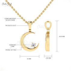 Description Discover celestial elegance with our Solitaire 2mm White Diamond Crescent Half Moon Pendant. Crafted in 14k Solid Gold, it radiates timeless charm and sophistication. Perfect for those who adore celestial jewelry, it captures the magic of the night sky in a single, sparkling diamond. The gold chain shown in the pictures is just for reference and display purposes, in order pendant comes with a COMPLIMENTARY 925 SILVER CHAIN. Product Details SKU CJ-P-1424-WD Metal 14K solid gold Closin Sparkling Diamond, Celestial Jewelry, The Night Sky, Moon Pendant, Sparkle Diamonds, Half Moon, Stone Settings, Night Sky, White Diamond