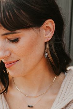 These simple studs are officially raising the BAR. Pair with your other favorite earring—we love combining these with anything from our MINI Collection, or wear these as the main act. A favorite, versatile, everyday stud. Bar measures 1mm x 10mm or 1mm x 6mm. Sold as a pair. Shown on Abbie with our Tiny Twist Earrings. Available in 14kt Gold Fill + Sterling Silver. Our jewelry is handmade so each piece will be unique and may vary slightly from what is pictured. Dainty Hammered Sterling Silver Earrings, Everyday Tiny Sterling Silver Earrings, Bar Top Earring Stud, Tiny Bee Earrings, Simple Studs, Gold Bar Earrings Studs, Twist Earrings, Copper Uses, Everyday Wear Jewelry