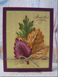 a thank you card with an autumn leaf on the front and purple leaves on the back