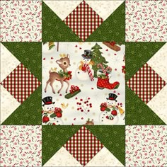 a quilted christmas table runner with snowmen, trees and reindeers on it