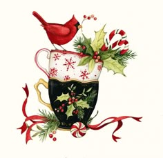 a red bird sitting on top of a coffee cup filled with holly and candy canes