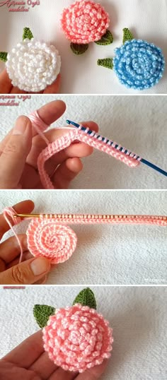 crocheted flowers are being made with yarn