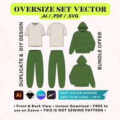 Introducing our exclusive Unisex Tracksuit Vector Bundle - Streetwear Vectors. This collection offers a vast array of downloadable digital technical drawings, featuring Hoodies, T-shirts, and Sweatpants perfect for creating any tracksuit capsule range. Customize and personalize these innovative vectors to reflect your brand's distinct style. Share your mockups on social media to instantly gather feedback and stimulate pre-orders. Every technical drawing is precisely proportioned and crafted, rea Green Cotton Tracksuit, Green Cotton Tracksuit For Streetwear, Green Cotton Tracksuit With Relaxed Fit, Green Relaxed Fit Cotton Tracksuit, Green Cotton Relaxed Fit Tracksuit, Adobe Illustrator Cs6, Garment Manufacturing, Tech Pack, Fashion Templates