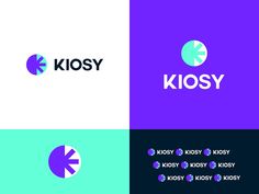 the logos for kiosy are designed in different colors and shapes, including blue, purple