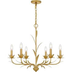 a gold chandelier with six lights hanging from the ceiling