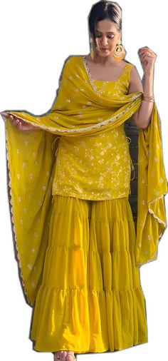 Yellow Sharara With Dori Work, Diwali Fitted Sharara With Gota Work, Yellow Georgette Kurta For Party, Fitted Sharara With Gota Work For Eid, Yellow Georgette Lehenga With Straight Kurta, Yellow Straight Kurta Dress For Wedding, Yellow Dress For Eid Celebration, Traditional Yellow Dress For Celebration, Yellow Dresses For Eid Celebrations