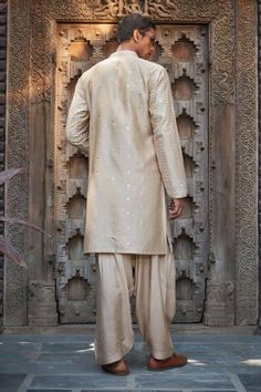 Beige straight kurta featuring chikankari embroidery with mirror detailing. Paired with a solid salwar. - Aza Fashions Salwar For Men, Beige Kurta, Chikankari Kurta, Chikankari Embroidery, Men Kurta, Straight Kurta, Band Collar, Full Sleeves, Aza Fashion