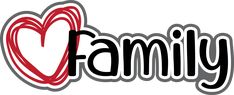 the word family written in black and red with a heart on it's side