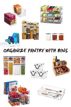 the organized pantry with bins is shown in this graphic above it's image