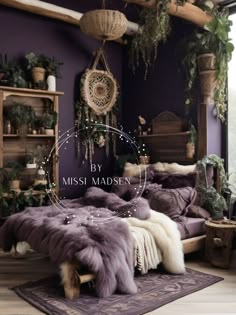 a bedroom with purple walls and fur rugs