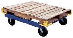 a wooden pallet with two wheels and yellow handles on the bottom is shown in front of a white background