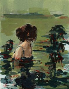 a painting of a woman sitting in the water with her back turned to the camera