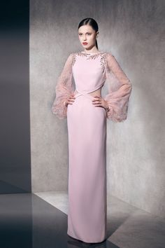 Description Pink Column, Long dress Puffed, Long Sleeves Closed neckline Crepe, Lace, Embroidery Modifications Accepted Custom Measurements Accepted Dry Clean Evening Dress Made in Lebanon A-058 Ziad Nakad, Saiid Kobeisy, Evening Gowns With Sleeves, Glamour Dress, Fall Winter 2024, Gowns With Sleeves, Lace Embroidery, Crepe Dress, Winter 2024