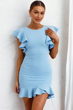 Shop the Cupid's Bow Ruffle Shoulder Bodycon Dress Baby Blue | Selfie Leslie Cute Solid Dresses With Ruffle Hem, Blue Fitted Ruffle Dress For Party, Fitted Blue Ruffle Dress For Party, Blue Ruffle Hem Mini Dress For Party, Blue Party Mini Dress With Ruffle Hem, Blue Mini Dress With Ruffle Hem For Party, Solid Fitted Ruffle Dress For Spring, Blue Fitted Ruffle Dress, Light Blue Fitted Dress With Ruffle Hem