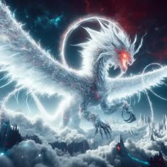 a large white dragon flying through the air above clouds and mountains in front of a red sky