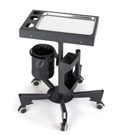 an image of a small table on wheels with a mirror and cup holder attached to it