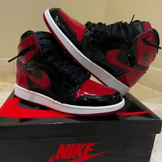 Brand New Jordan Shoes Retro Red, Air Jordan 1 Men Red, Red Jordan Shoes For Streetwear, Air Jordan 1 Red And Black Shiny, Red Synthetic Jordan Shoes, Cheap Jordan Shoes, Nike Shoes Girls, Preppy Shoes, Nike Tech Fleece